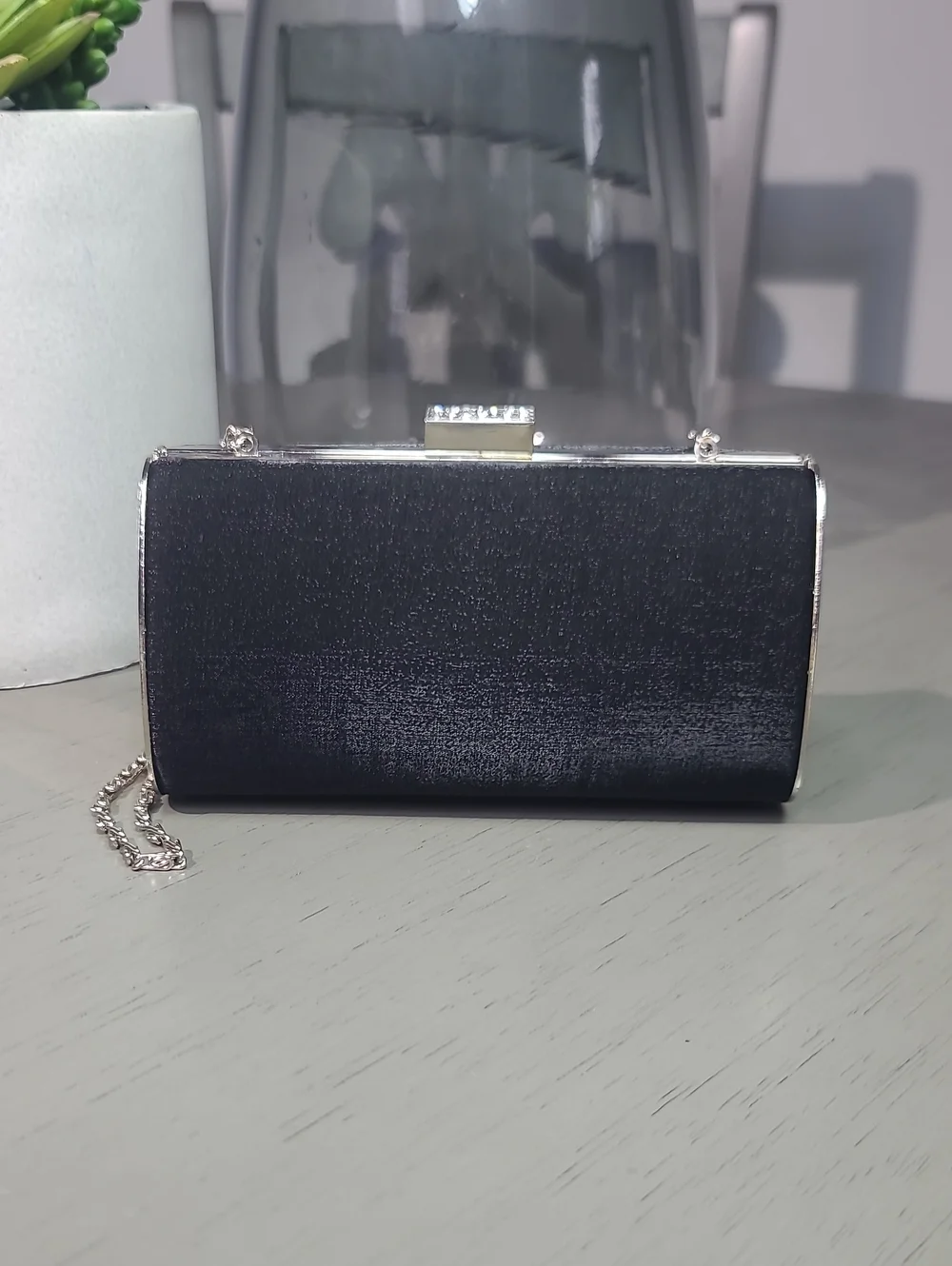 Black Evening Clutch with Silver Chain
